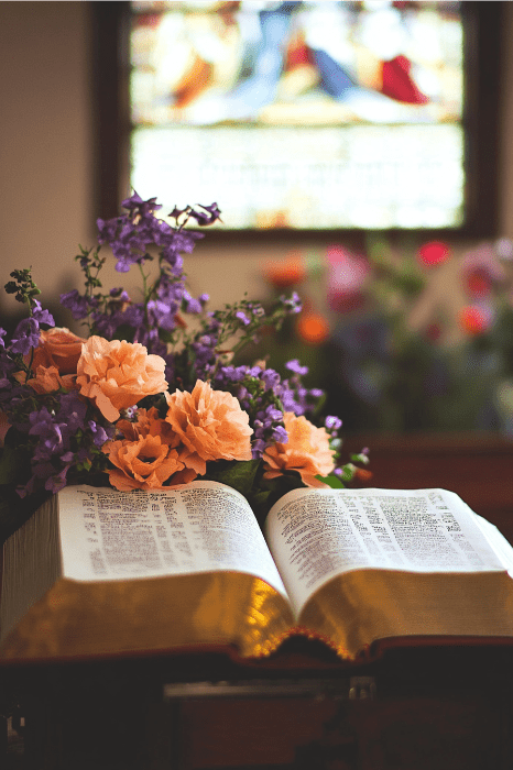 Bíblia aberta com flores laranja e roxas em cima, em um cenário de vitrais desfocados ao fundo. Perfeita para leituras do Dia das Mães na igreja, essa cena serena capta a essência da gratidão e da reverência de uma forma belamente simbólica.