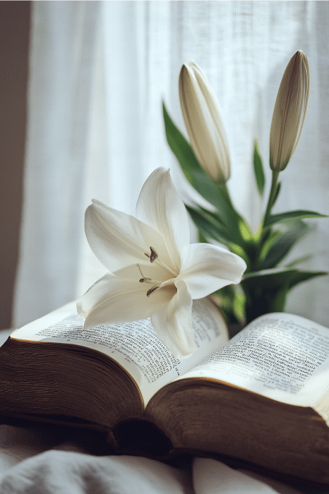 Um livro aberto com uma flor de lírio branco repousando em suas páginas está sentado graciosamente, com botões de lírio ao fundo perto de uma cortina transparente, perfeito para leituras do Dia das Mães na igreja.