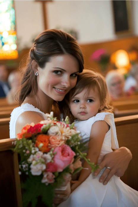 Uma mulher de vestido branco segura uma criança pequena, ambas sorrindo em meio à beleza serena dos vitrais e dos bancos de madeira, preparando-se para as leituras do Dia das Mães na igreja.