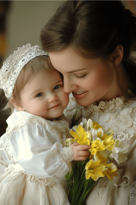 Mulher e bebê com roupas de renda compartilham um momento de ternura durante as leituras do Dia das Mães para a igreja, segurando flores amarelas e brancas.