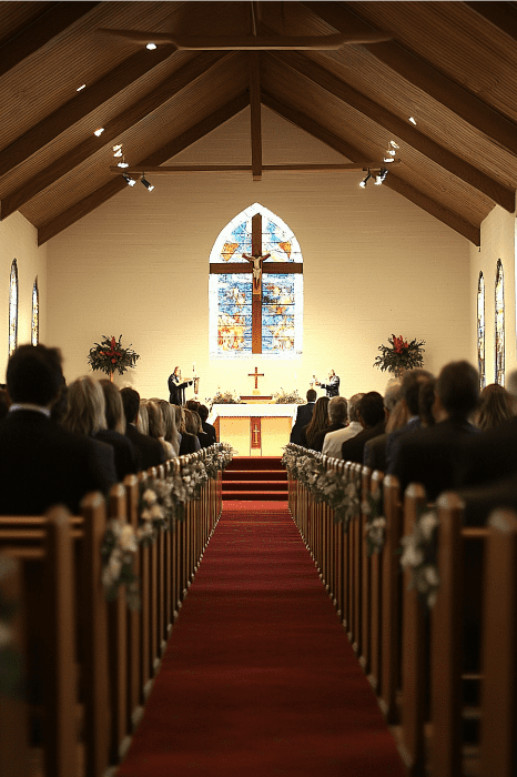 O interior sereno da igreja, com pessoas sentadas em bancos de madeira de frente para um vitral vibrante e para o altar, é lindamente preparado para as leituras do Dia das Mães. Um corredor de carpete vermelho acrescenta calor a essa ocasião especial de amor e reflexão.