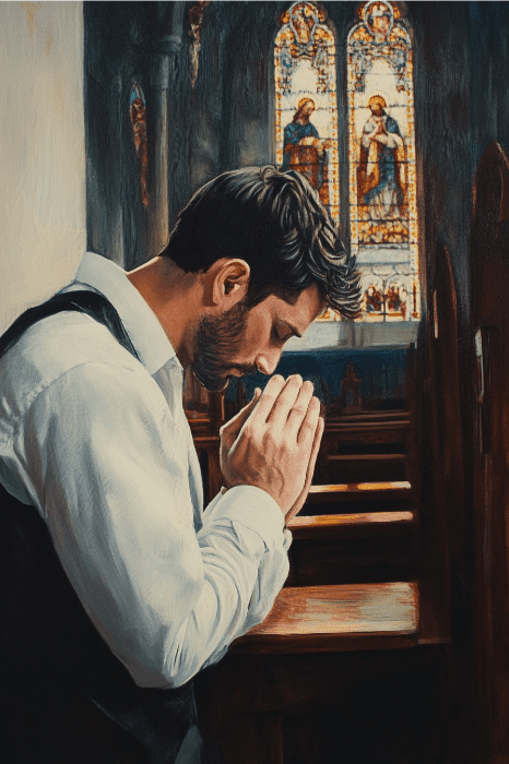 A man is deep in reflection, whispering the AA prayers as he kneels in a church pew, bathed in the colorful light streaming through stained glass windows.