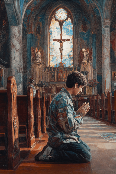 Una persona arrodillada en una iglesia iluminada por el sol, rodeada por la tranquilidad de las vidrieras y un crucifijo de fondo, tal vez se pregunte: "¿Cuáles son las oraciones de AA?