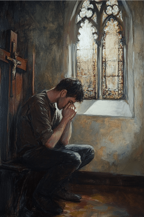 En una habitación poco iluminada, un hombre se sienta a rezar en un banco cerca de una cruz, el resplandor de las vidrieras de colores proyectando colores a su alrededor. Mientras contempla "¿Cuáles son las oraciones de AA?", la serenidad le envuelve, buscando guía y fuerza en su momento de reflexión.