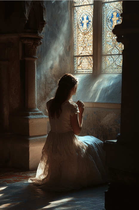 Una mujer vestida de blanco se arrodilla en oración junto a una vidriera, iluminada por la suave luz del sol, sus pensamientos reflejan la serenidad que a menudo se busca en las oraciones de AA.