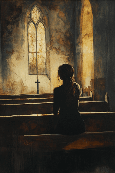 Una mujer vestida de oscuro está sentada en el banco de una iglesia poco iluminada, contemplando en silencio la vidriera arqueada y la cruz, como si reflexionara sobre la serenidad que se encuentra en las oraciones de AA.
