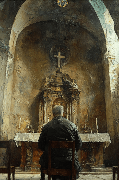 En el interior de una antigua iglesia poco iluminada, una persona está sentada en contemplación ante un altar ornamentado adornado con una cruz, quizá reflexionando sobre cuestiones profundas como "¿Qué son las oraciones de AA?" en medio del sagrado silencio.