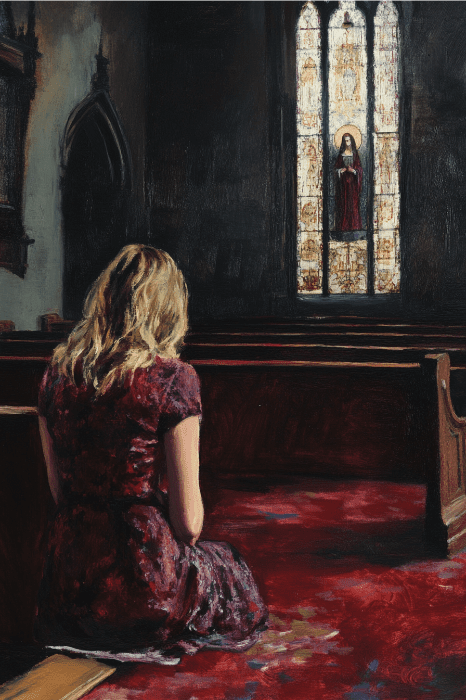 Arrodillada en el banco de una iglesia, la persona contempla una vidriera que representa a una figura religiosa, reflexiona sobre la orientación espiritual y se pregunta en voz baja: "¿Cuáles son las oraciones de AA?