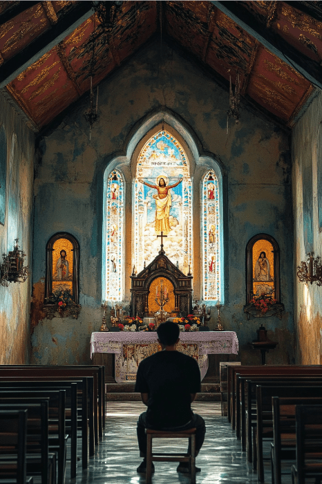 Una persona está sentada tranquilamente en una iglesia, contemplando el altar adornado con vidrieras e iconos religiosos, reflexionando sobre las grandes preguntas de la vida, como "¿Cuáles son las oraciones de AA?