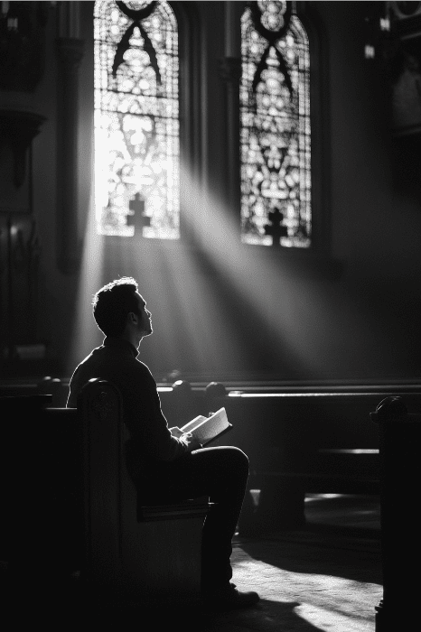 Una persona con silueta se sienta absorta en un libro en el banco de una iglesia, con la luz que se filtra a través de las vidrieras, como si buscara consuelo en palabras parecidas a la serenidad que se encuentra en las Oraciones de AA.