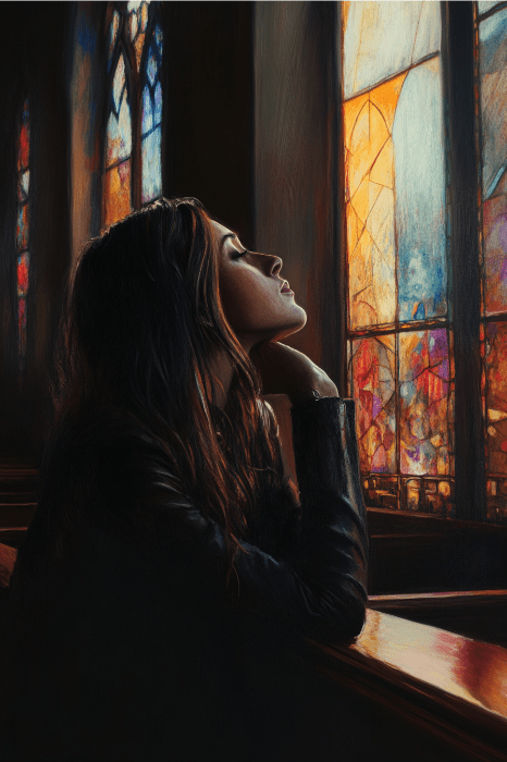 En un espacio poco iluminado, una persona se sienta en silencio, contemplando las vibrantes vidrieras con la serenidad de quien contempla: "¿Cuáles son las oraciones de AA?". Sus pensamientos resuenan en el tranquilo ambiente.