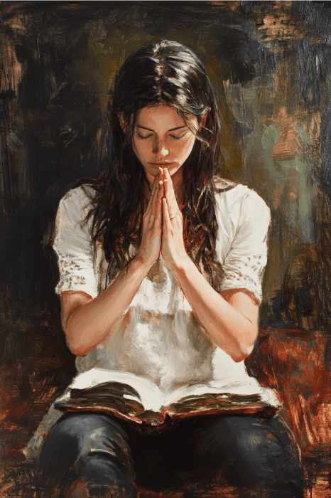 Una mujer de pelo largo está sentada, rezando con las manos juntas sobre un libro abierto, reflexionando sobre la sabiduría que se encuentra en "¿Cuáles son las oraciones de AA?