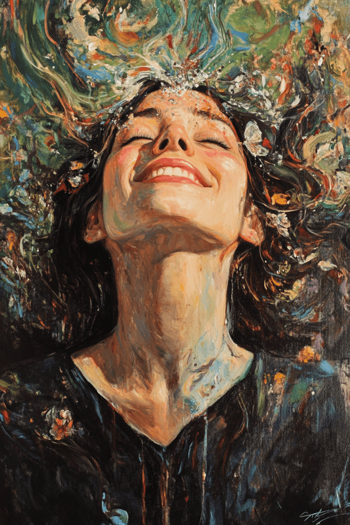 Una persona sonríe alegremente con los ojos cerrados, rodeada de remolinos de colores que evocan una sensación de tranquilidad para la salud mental, creando un efecto etéreo y pacífico.