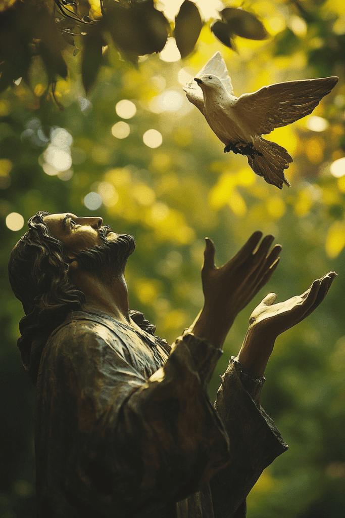 Una estatua de una persona con los brazos abiertos mira a una paloma en vuelo, envuelta en una brumosa luz dorada y una exuberante vegetación. Esta serena escena evoca temas de salud mental, asemejándose a un apacible momento de un entorno de estudio bíblico.