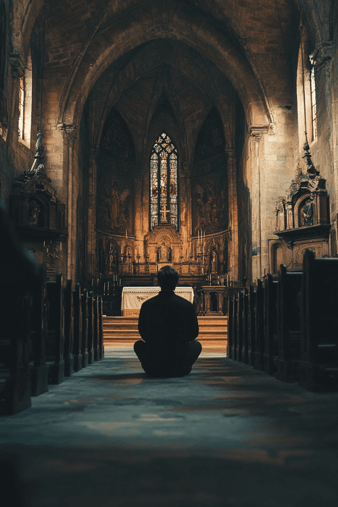 En una iglesia poco iluminada, una persona se sienta en silencio, buscando consuelo y apoyo para su salud mental mientras contempla el altar ornamentado y la vidriera. El ambiente tranquilizador ofrece un espacio apacible para la introspección, similar a la tranquilidad que se respira en una sesión de estudio de la Biblia.