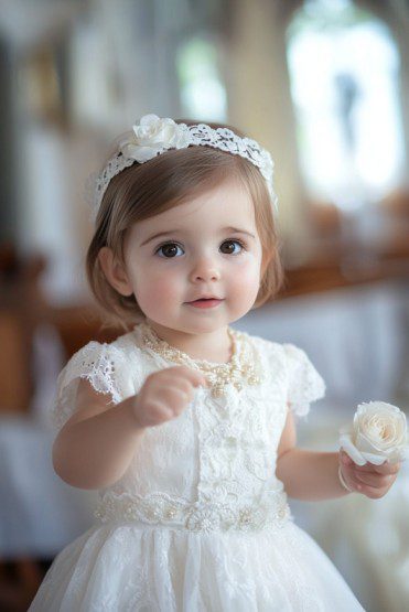 Una niña con un vestido de encaje y una diadema sostiene una rosa blanca, encarnando a la perfección el encanto y la inocencia. Este precioso momento en interiores, con su fondo suave y difuminado, podría inspirar ideas de regalos de bautizo para tu celebración especial.