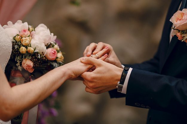 A groom putting a ring on his bride to illustrate what constitutes marriage according to the Bible