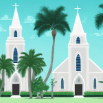 A church with a palm tree outside