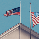 A church with a flagpole and a us flag flying in the foreground