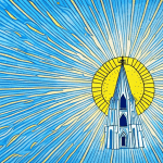 A church with a bright sky and a sunburst in the background