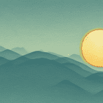 A peaceful landscape with a sun setting in the background