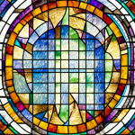 A church with a stained glass window