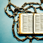 A bible with a broken chain wrapped around it