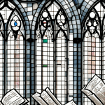 Interior de una iglesia con libros de himnos y una vidriera