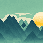 Un paisaje montañoso con un sol naciente al fondo