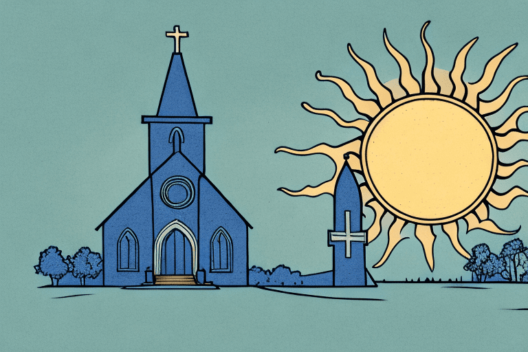 Una iglesia con el sol poniéndose al fondo