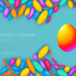 A church with a bright and colorful easter egg in the foreground