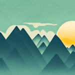 Un paisaje montañoso con un sol naciente al fondo