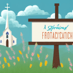 A church sign with a colorful spring landscape in the background