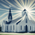 A church building with a sunburst behind it
