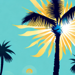 A palm tree with a sunburst in the background