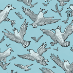 A church building surrounded by a group of birds in flight