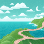 A landscape with a winding path leading to a cliff overlooking the sea