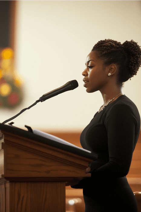 Una mujer con el pelo trenzado pronuncia un sentido discurso de bienvenida a la Navidad en el estrado de una iglesia formal.