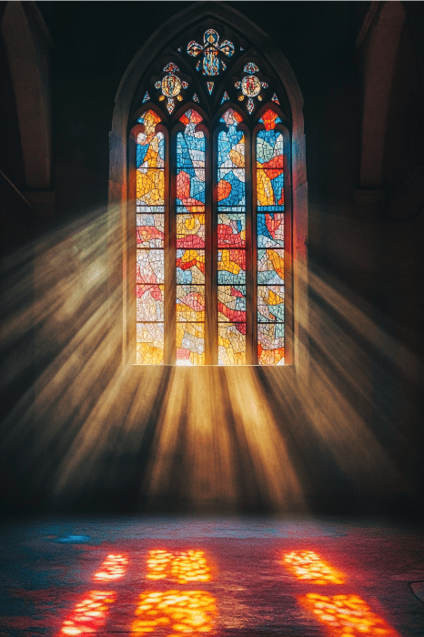 La luz del sol se cuela por una colorida vidriera, proyectando vibrantes dibujos en el suelo como silenciosas plegarias por la ansiedad que aportan una sensación de calma y paz.