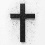 20 Free Bulletin Covers for Church: Printable Downloads A black cross adorned with scattered particles creates a striking focal point on a white background, offering an elegant design for free bulletin covers for church.