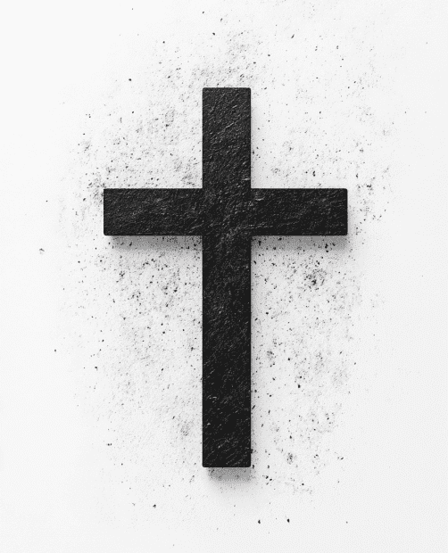 Uma cruz preta adornada com partículas dispersas cria um ponto focal impressionante em um fundo branco, oferecendo um design elegante para capas de boletim gratuitas para a igreja.