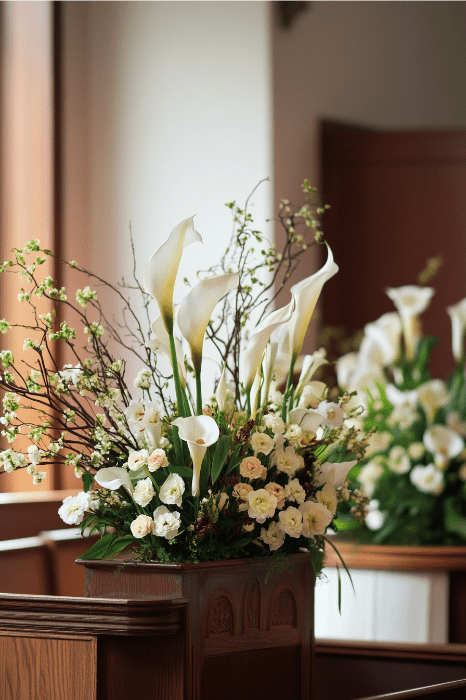 Un elegante arreglo floral con lirios blancos y rosas adorna el sereno interior de madera de la iglesia, ofreciendo ideas inspiradoras para la decoración del altar de la iglesia.