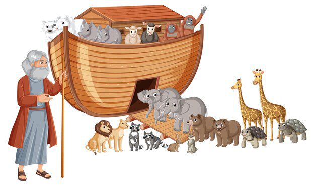 Ilustración de un personaje del Antiguo Testamento como anciano con animales subidos a un arca de madera, entre ellos jirafas, elefantes y leones.