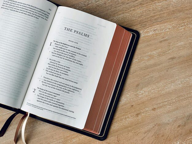 A photo of a Bible with the book of Psalms opened