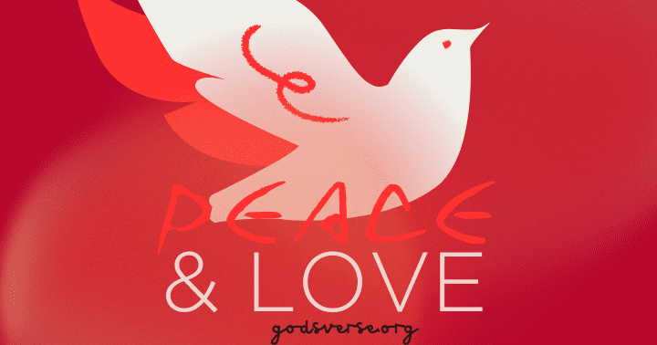 Illustration of a white dove symbolizing virtue from the Bible, with "Peace & Love" text on a red background.