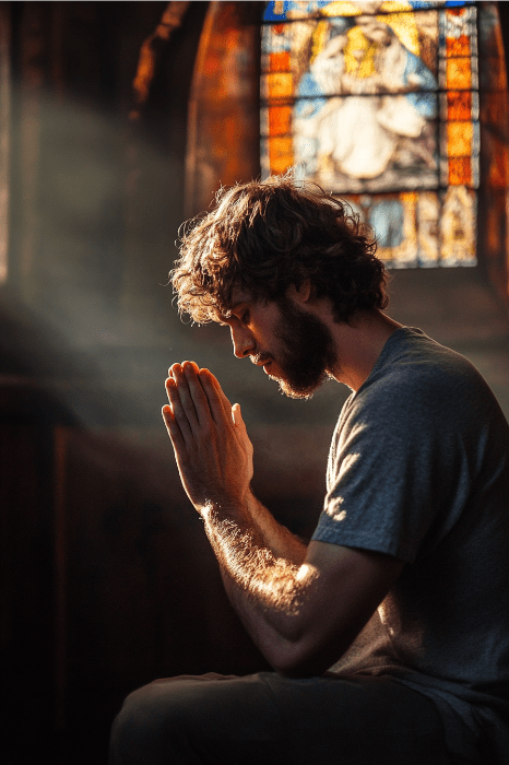 Hombre rezando en una iglesia con vidrieras de fondo, la luz del sol que entra, ofreciendo oraciones por la ansiedad.