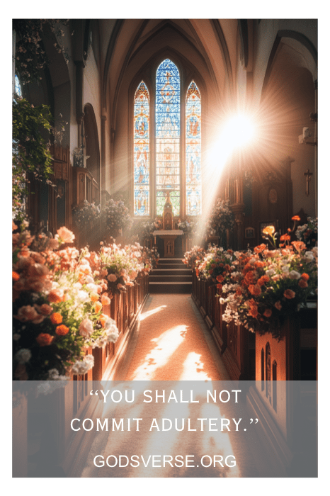 Interior de uma igreja iluminada pelo sol com vitrais e arranjos florais. Texto: "Não cometerás adultério", ecoando os versículos bíblicos sobre viver juntos antes do casamento.