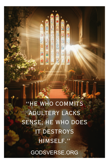 O interior de uma igreja iluminada pelo sol serve como pano de fundo sereno, com uma citação pungente sobre adultério do GodsVerse.org sobreposta na parte inferior, lembrando-nos de lições atemporais semelhantes às encontradas nos versículos da Bíblia sobre viver juntos antes do casamento.