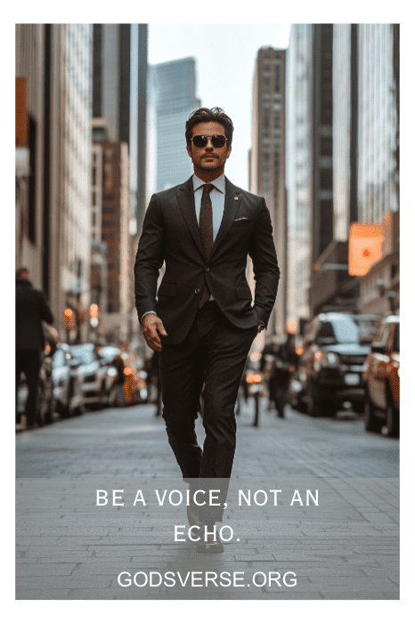 Hombre trajeado caminando confiado por una calle de la ciudad con el texto "Sé una voz, no un eco". Godsverse.org. Descubre más frases de actitud para hombres.