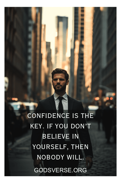 Un hombre trajeado camina con confianza por las calles de la ciudad, encarnando la esencia de las frases de actitud para hombres, con un inspirador mensaje sobre la confianza en uno mismo.